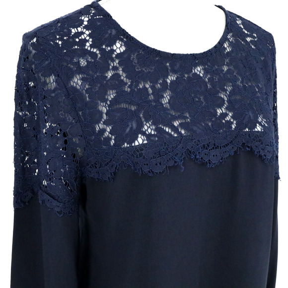 Lulus Top Womens Medium Navy Blue Lace Yoke Crepe Blouse Pullover Romantic - Picture 6 of 15